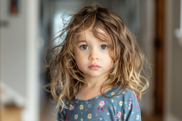 A sad and tired 5 year old girl in pyjamas with messy hair, standing, hallway in background