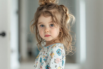 A sad and tired 5 year old girl in pyjamas with messy hair, standing, hallway in background