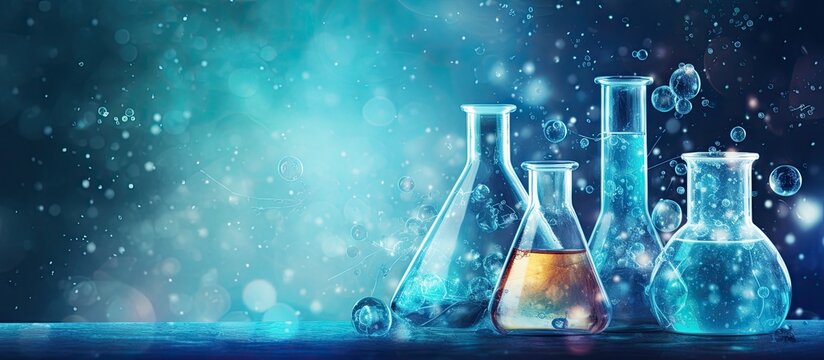 On the table are various drinkware containers holding aqua liquid, including glass bottles and beakers. The electric blue liquid inside emits a sciencelab vibe