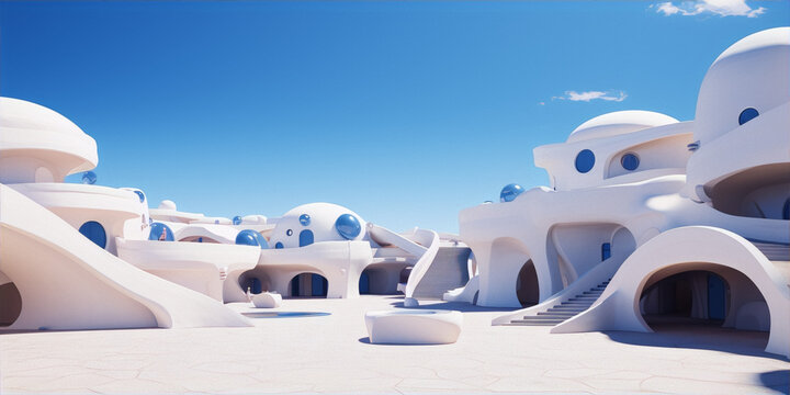 Futuristic utopian city with white organic architecture against clear blue sky