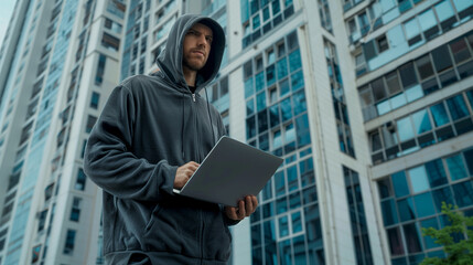 Hacker man in hoodie hold laptop and stand in front of modern building