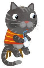 cartoon scene with happy cat kitty sitting in dungarees and drinking milk illustration for children