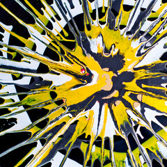 Abstract original artwork with white yellow and black acrylic paint.