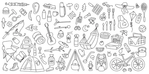Hand drawn picnic, travel and camping theme. Vector illustration © OLiAN_ART