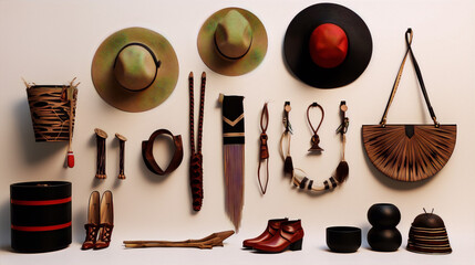 Still life of various African style hats, shoes, bags, and other objects hanging on a beige wall with shadows