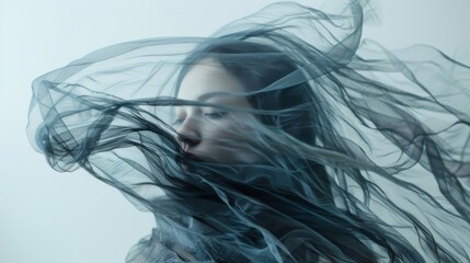 A lovely youthful female draped in sheer fabric against a blue backdrop. Woman in fluttering veil
