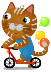 cartoon cat riding on a scooter with balloons having playful time illustration for children