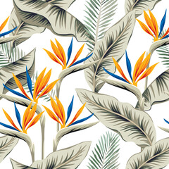Tropical orange strelitzia flowers, palm leaves, white background. Vector seamless pattern. Jungle foliage illustration. Exotic plants. Summer beach floral design. Paradise nature