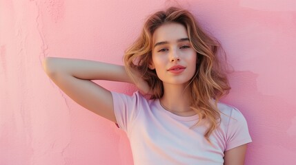 Portrait of a beautiful girl in a white T-shirt on a pink background