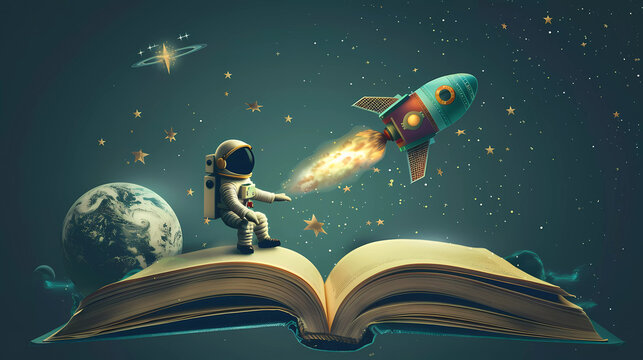 Open book with astronaut,rocket and space background ,world book day.vector illustration 
