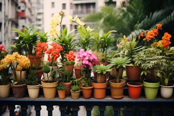 Fototapeta na wymiar Beautiful balcony adorned with a variety of vibrant flowers in pots, showcasing soft, warm hues