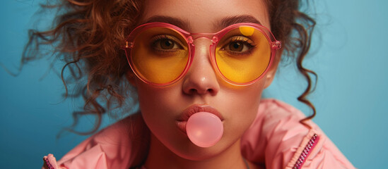 A close-up portrait of a pretty European girl inflating a bubble made of chewing gum, highlighted on a blue background