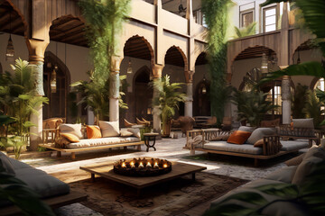 3D rendering of a Moroccan courtyard with sofas, plants, and a fire pit in the middle in realistic style - obrazy, fototapety, plakaty