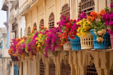 Fototapeta na wymiar Beautiful balcony adorned with vibrant flowers in pots, featuring soft, warm hues