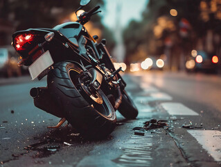 Crash on the road. Close up of a motorcycle accident on the road	