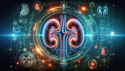 holographic rendering of human kidneys within a technological interface.