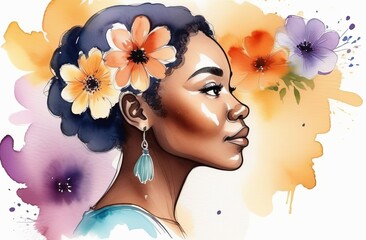 Portrait of a black girl surrounded by flowers. A greeting card for a woman. With a place for the text. International Women's Day. Poster for beauty salons, spas. Watercolor illustration.