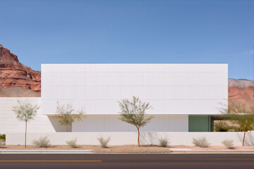 A large white wall with a green door in the middle, in front of a blue sky and red mountains.