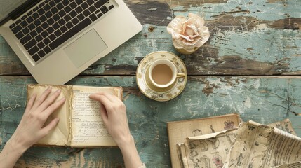 Creative Fusion VintageInspired Writer's Workspace with Laptop Notebook and Espresso Cup