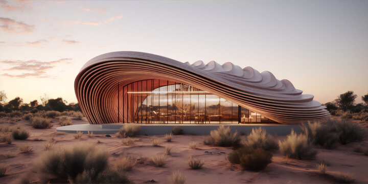 Futuristic building with parametric and organic architecture in the desert at sunset
