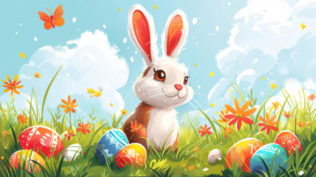 Colorful digital art of a happy Easter bunny sitting in a field with decorated eggs.