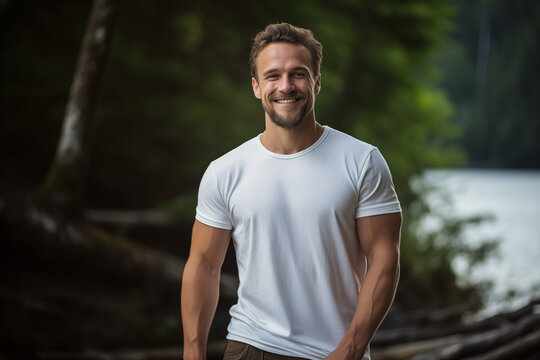 A man wearing a plain white T-shirt in the forest