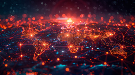 Obraz premium Abstract image representing global connectivity with bright network lines and nodes spanning across a stylized map of the world.
