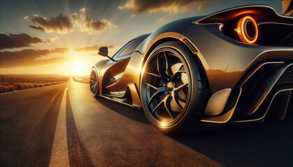 luxurious sports car parked on an open road at sunset. - obrazy, fototapety, plakaty