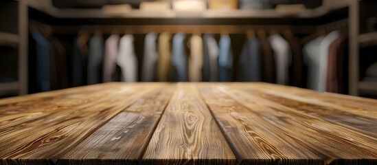 A hardwood plank table with a rich wood stain finish sits in the foreground, while a blurred closet with laminate flooring is visible in the background - obrazy, fototapety, plakaty