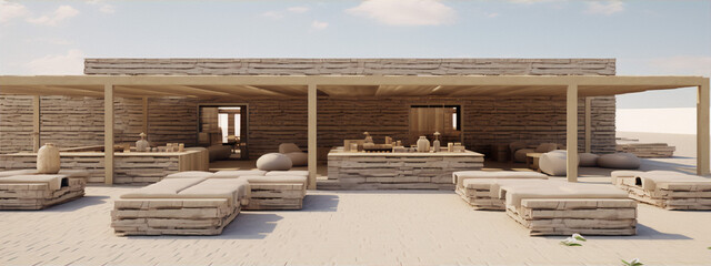3D rendering of a modern stone house with a terrace and a swimming pool in a minimalist style