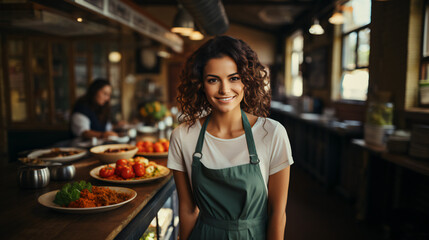 20s latina beautiful woman, cheff in a kitchens restaurant, smiling and wearing an apron. Concept of gastronomy  - obrazy, fototapety, plakaty
