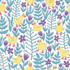 Seamless pattern for baby fabrics with cute goslings and beautiful flowers. Yellow goslings on a field of flowers. Pattern for newborns. Flat vector illustration