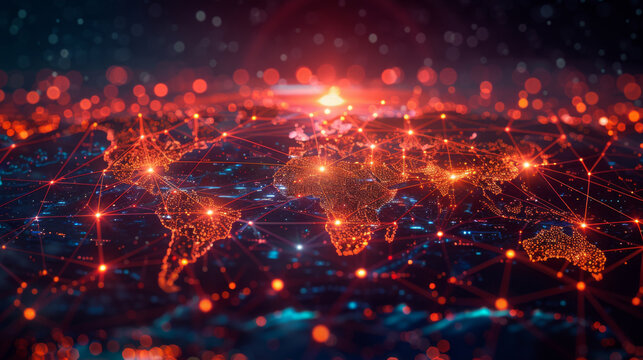 Abstract image representing global connectivity with bright network lines and nodes spanning across a stylized map of the world.