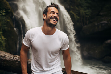 A man wearing a plain white T-shirt in the forest