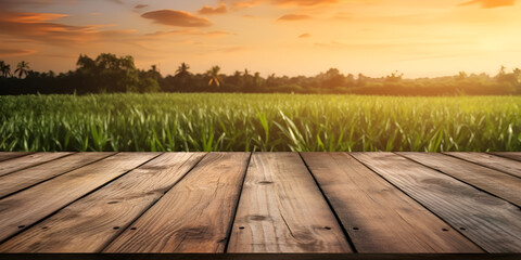 wooden bridge over lake, Wooden table and farm background, Empty wooden floor with tropical green rice fields background, The empty wooden brown table top with blur background, Generative AI