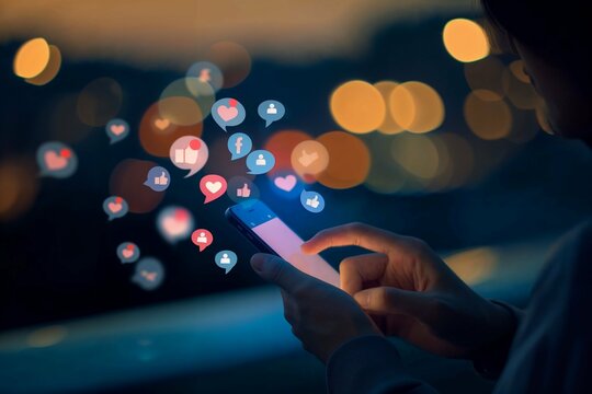 A person engrossed in a smartphone at night, surrounded by a cascade of social media reactions, highlighting our digital era's connection