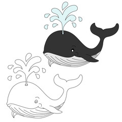 Whale Clipart Set for Lovers of Sea Animals, Marine Life, and Aquatic Animals. Outline and Colorful Whales