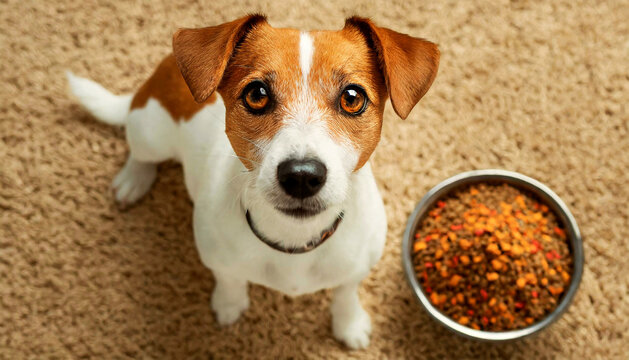 Closeup of a cute Jack Russell Terrier dog looking at camera in front of a bowl full of pet dry kibble food on beige carpet, waiting for his treat. Generative Ai.