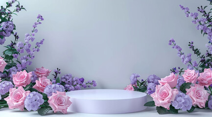 White podium with purple wildflowers and soft shadows. Natural beauty presentation concept with a clean, minimalist design for product display. Studio shot with copy space and sunlight effect.
