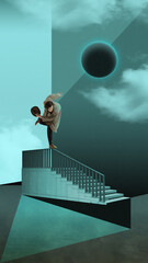 Person balancing on staircase railing under an eclipse, abstract geometric shapes. Contemporary art collage. Modern surrealistic work. Concept of surrealism, creative vision. Poster