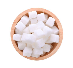 White sugar cubes in wooden bowl on transparent png