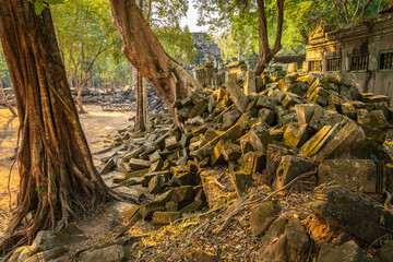 The hidden beauty of ancient temple ruins in the middle of jungle forest temple of Beng Mealea temple, Siem Reap, Cambodia. - 762357791