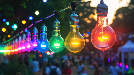 Rainbow light bulb garland at festival