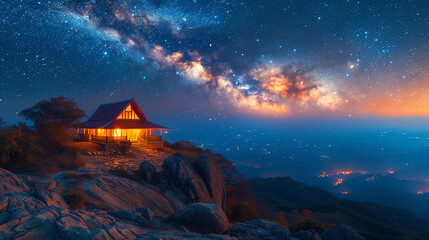 Beautiful night landscape with a wooden house on the top of the mountain. Camping on the beach. Night sky with stars and milky way.