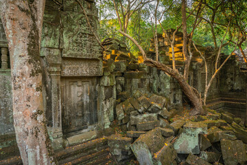 The hidden beauty of ancient temple ruins in the middle of jungle forest temple of Beng Mealea temple, Siem Reap, Cambodia. - 762357966
