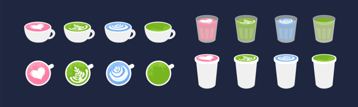 Set of matcha tea icons. Green, blue, pink color matcha latte in ceramic, paper cup, drinking glass. Healthy vegan beverage vector illustration. Barista art. Drink of organic powder, fruit and flower