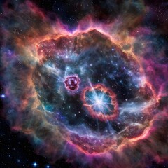 a nebula with a star - shaped galaxy in the background. supernova nebula