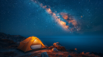 Beautiful night landscape with a wooden house on the top of the mountain. Camping on the beach. Night sky with stars and milky way.