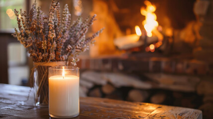Scented candle on a fireplace in a cottage - obrazy, fototapety, plakaty