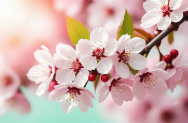 A branch of a cherry blossom in close-up.  Springtime background for banner, greeting card, invitation,  Women's Day,  Mother day,  Valentine's Day, wedding. Composition with copy space. 